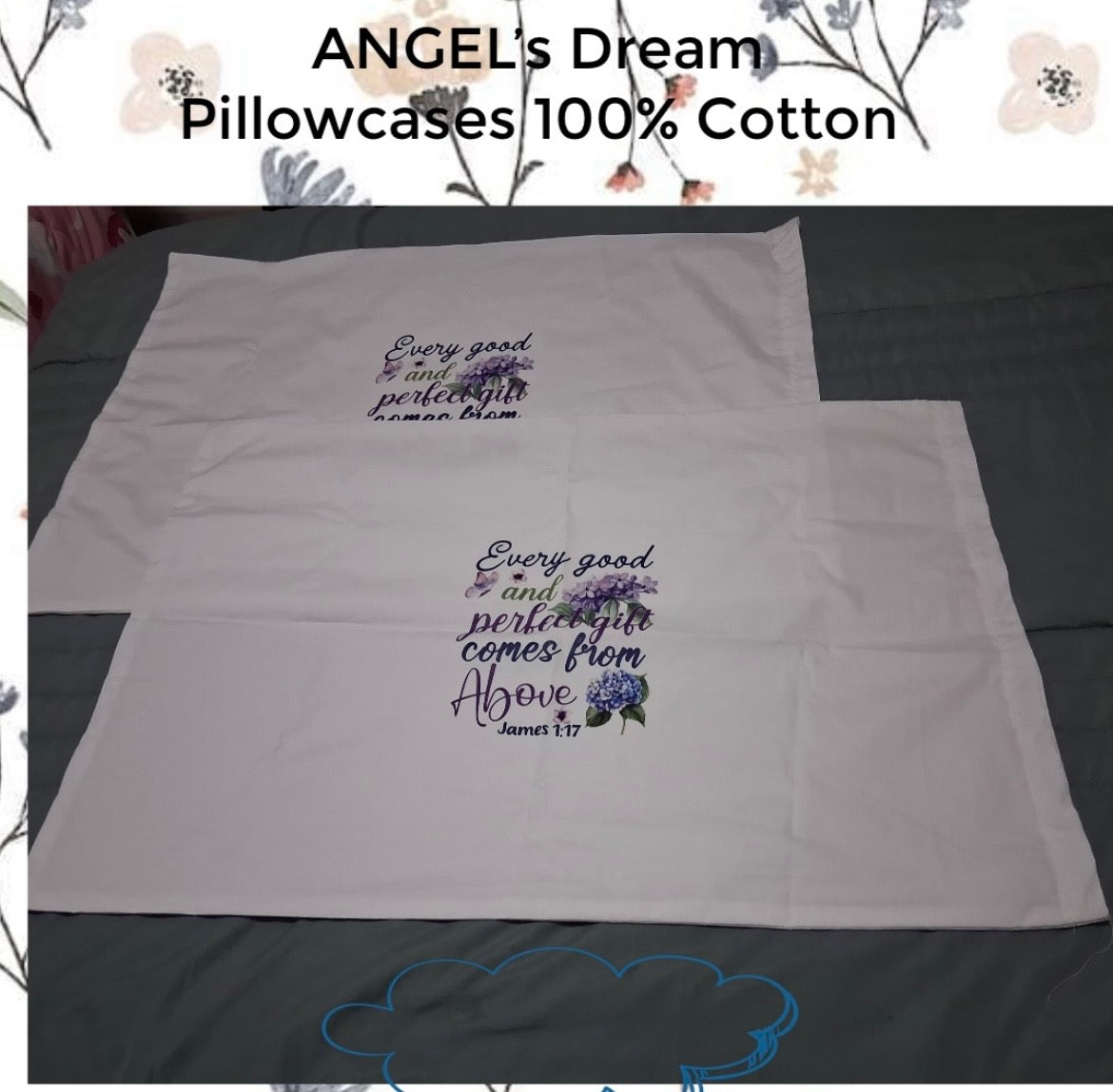 1 set of 2 pillowcases each printed with a purple and black inspirational quote and a small floral design.